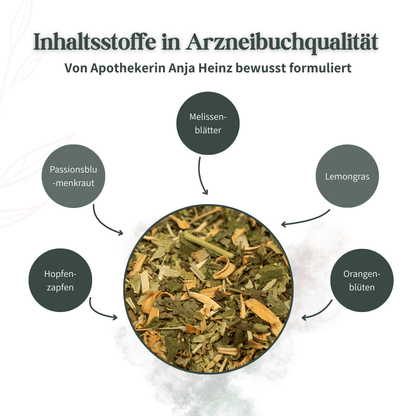 Kräutermischung des Schlosskräuter Entspannungstees mit Melissenblättern, Passionsblumenkraut, Hopfen, Lemongras und Orangenblüten