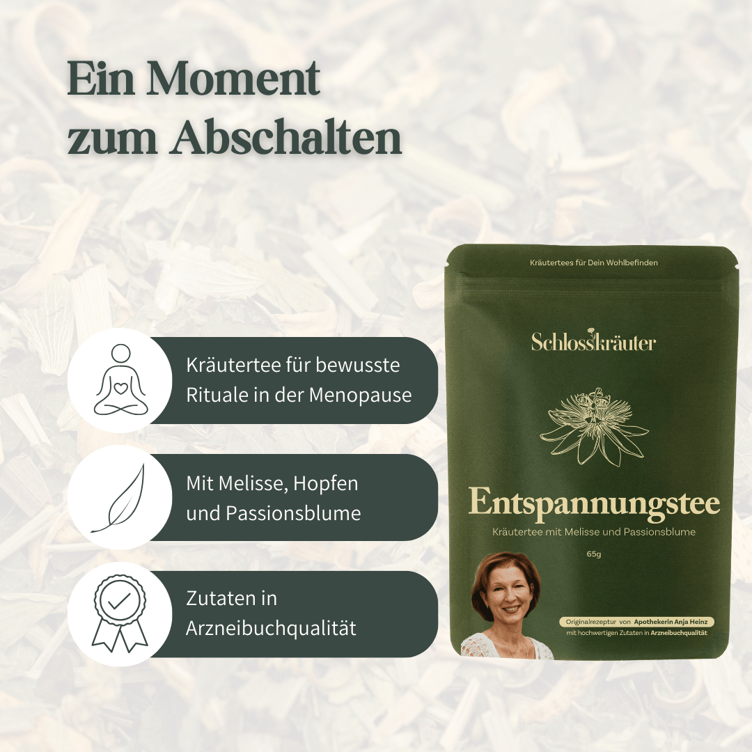 Schlosskräuter Entspannungstee mit Hinweisen zu Entspannung, Melisse, Passionsblume und Arzneibuchqualität