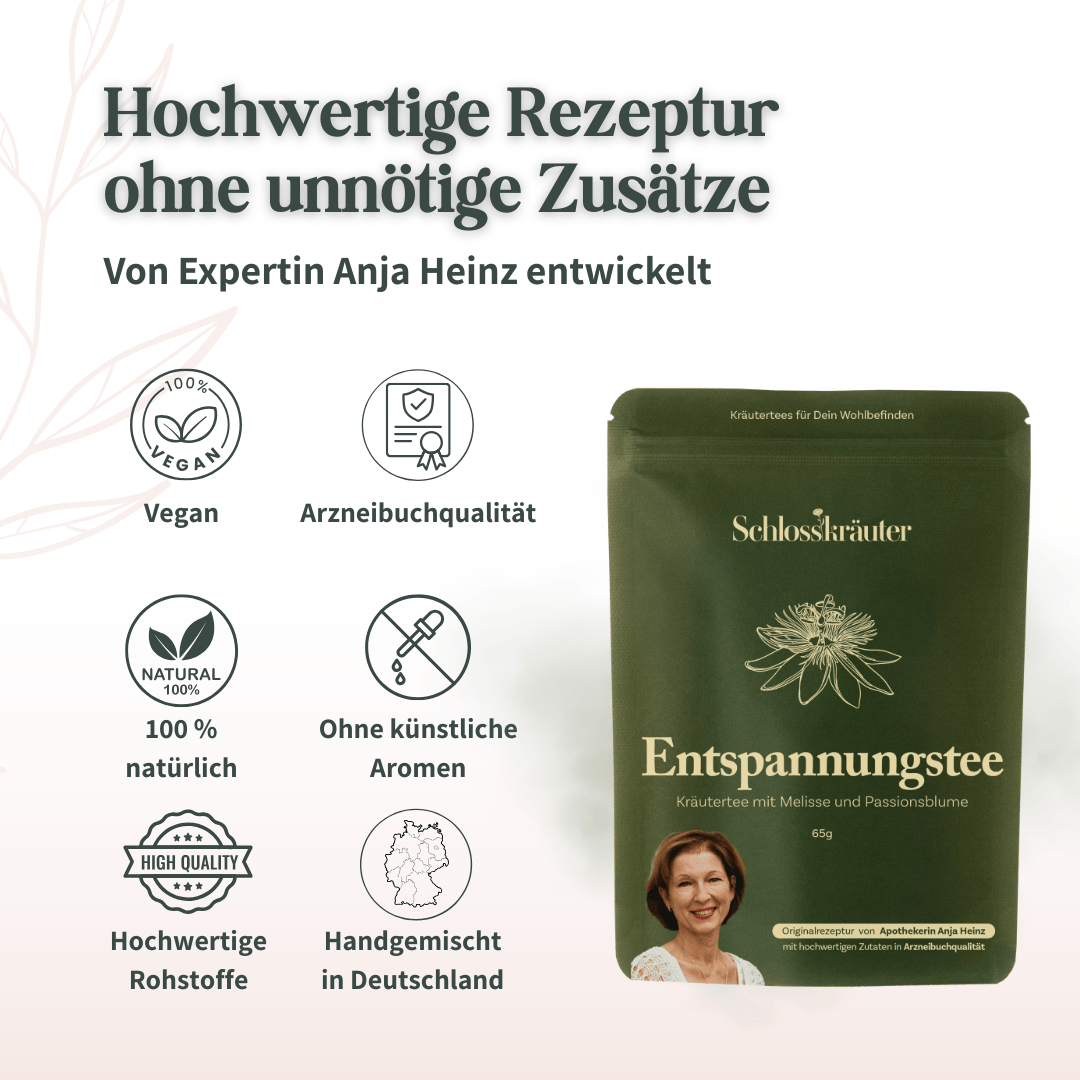 Schlosskräuter Entspannungstee mit Angaben zu veganer Rezeptur, Arzneibuchqualität und handgemischter Herstellung in Deutschland