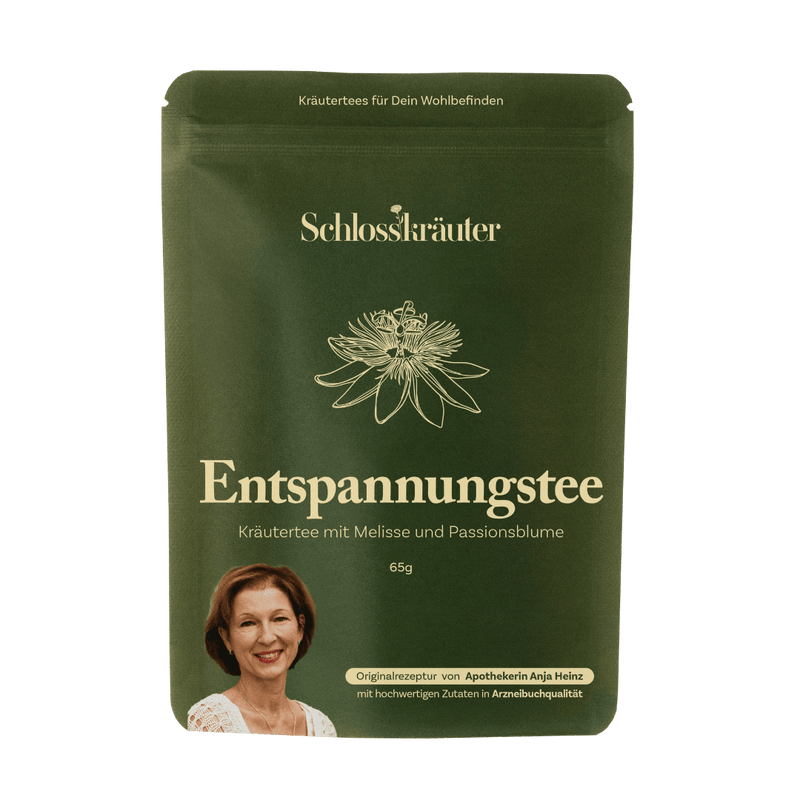 Grüne Verpackung des Schlosskräuter Entspannungstees mit Melisse und Passionsblume in Arzneibuchqualität