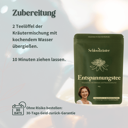 Zubereitung des Schlosskräuter Entspannungstees mit kochendem Wasser und Ziehzeit von zehn Minuten