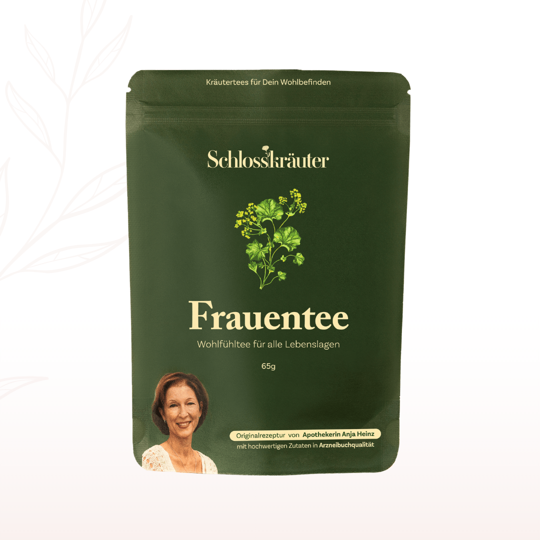 Grüne Verpackung des Schlosskräuter Frauentee mit Kräutermischung für Frauen und Hinweis auf Arzneibuchqualität