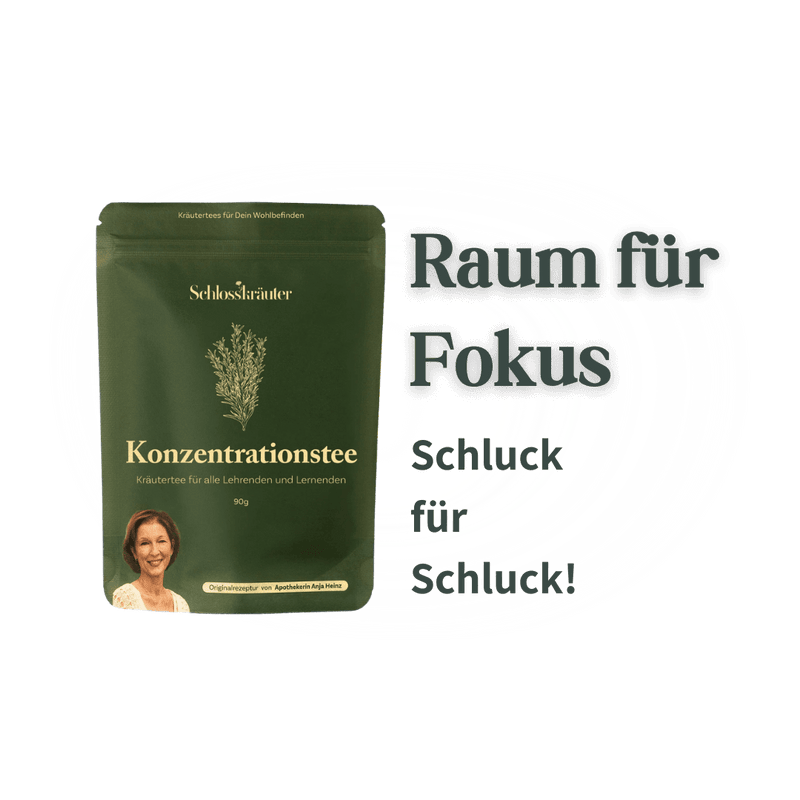 Schlosskräuter Konzentrationstee mit Schriftzug Raum für Fokus Schluck für Schluck