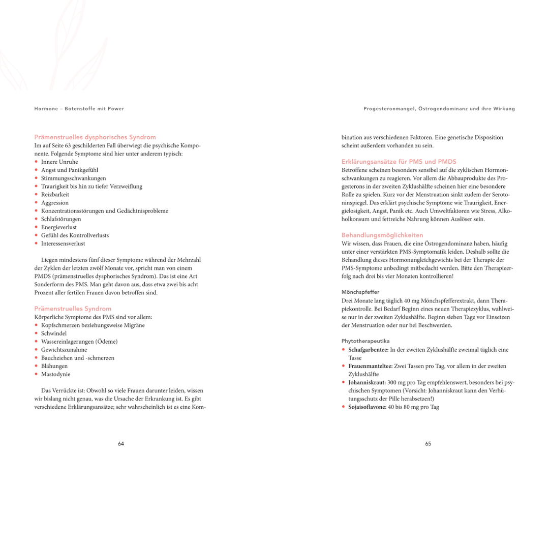 Theorieseiten zu PMS mit Auflistung psychischer und körperlicher Symptome sowie hormonellen Ursachen