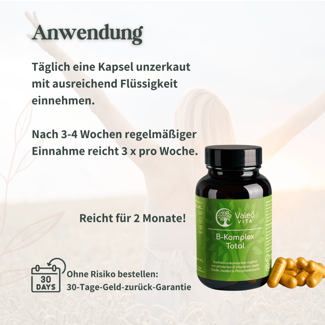 Anwendungsempfehlung für Valeo Vita B-Komplex Total mit Einnahmehinweisen