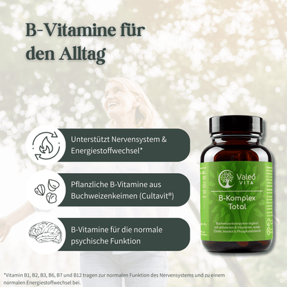 Valeo Vita B-Komplex Total mit pflanzlichen B-Vitaminen aus Buchweizenkeimen und Produktabbildung