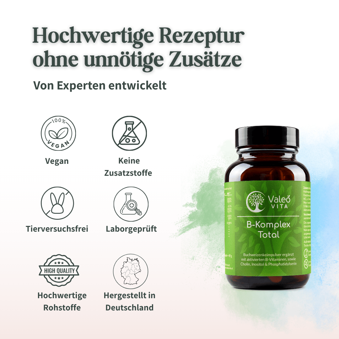 Valeo Vita B-Komplex Total mit Symbolen für vegan, tierversuchsfrei und hergestellt in Deutschland