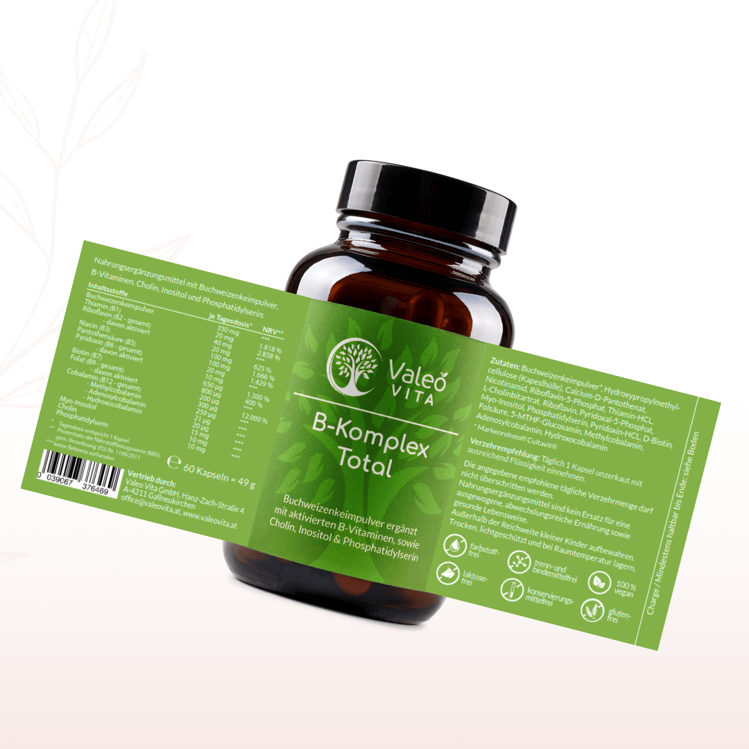 Valeo Vita B-Komplex Total Verpackung mit Zutatenliste und Nährwertangaben