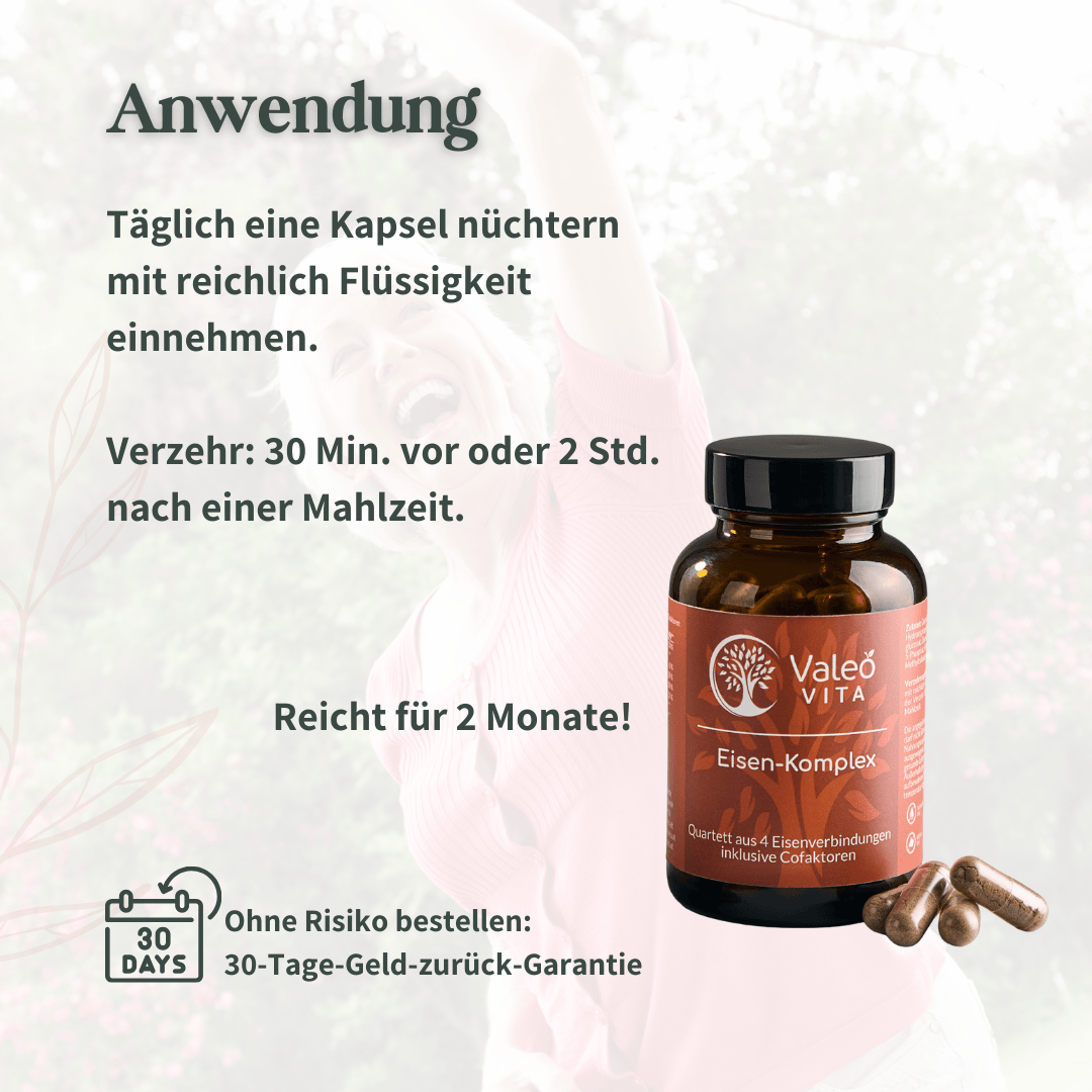 Valeo Vita Eisen-Komplex Nahrungsergänzungsmittel mit Anwendungshinweisen zur täglichen Einnahme und Reichweite von zwei Monaten