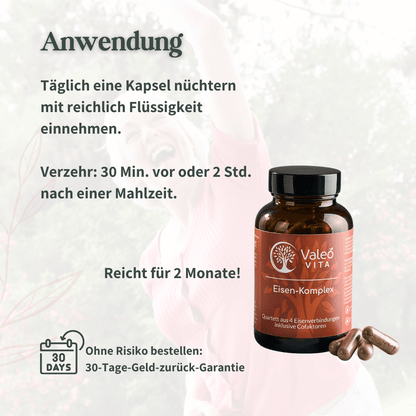 Valeo Vita Eisen-Komplex Nahrungsergänzungsmittel mit Anwendungshinweisen zur täglichen Einnahme und Reichweite von zwei Monaten