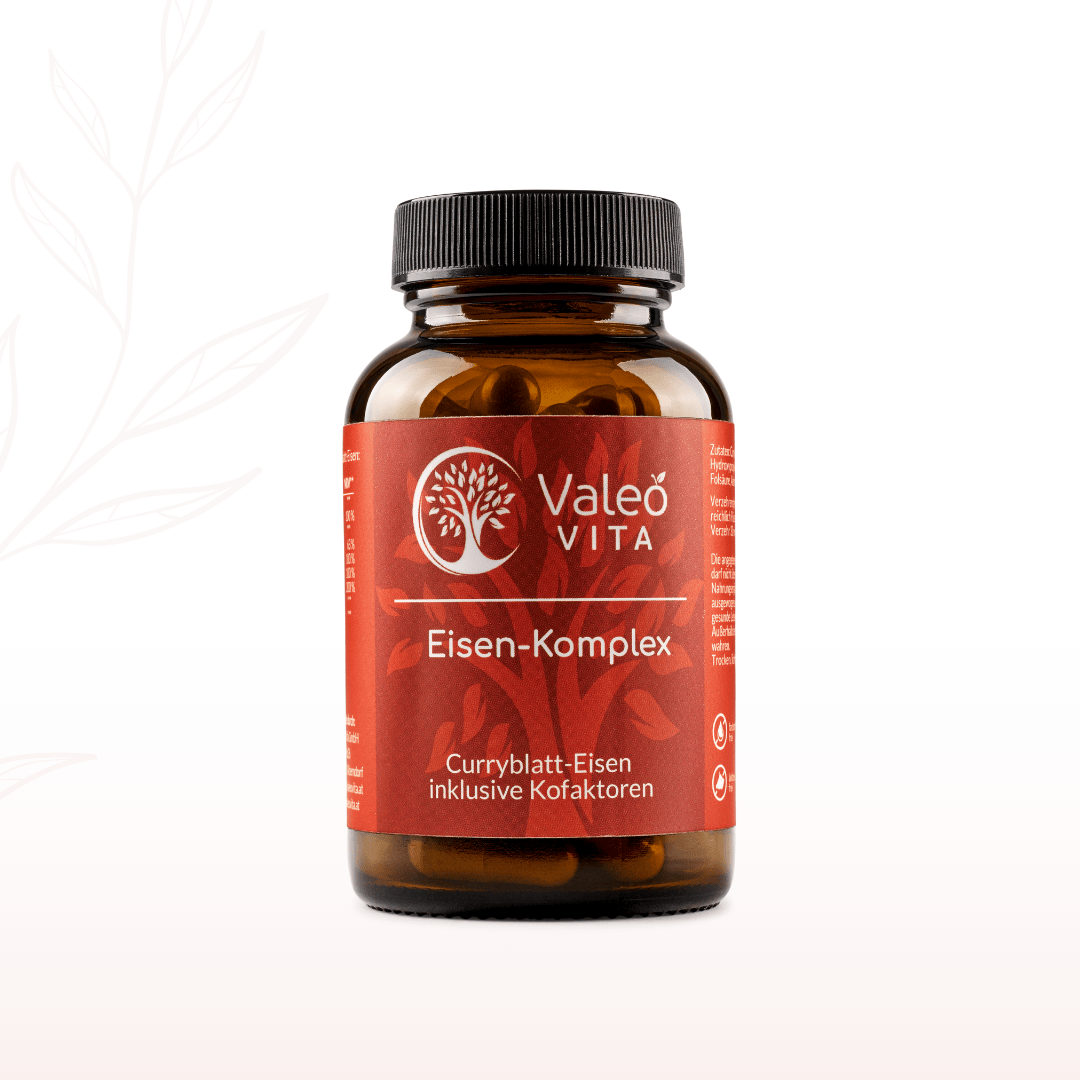 Braunglasdose Valeo Vita Eisen-Komplex mit Curryblatt-Eisen und Kofaktoren auf hellem Hintergrund