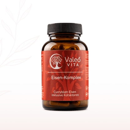 Braunglasdose Valeo Vita Eisen-Komplex mit Curryblatt-Eisen und Kofaktoren auf hellem Hintergrund