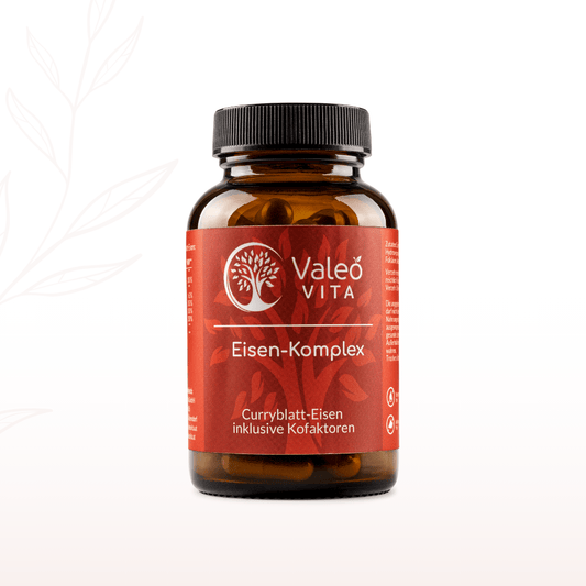 Braunglasdose Valeo Vita Eisen-Komplex mit Curryblatt-Eisen und Kofaktoren auf hellem Hintergrund