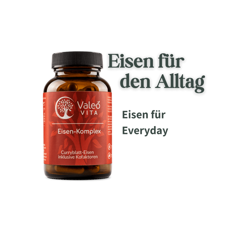 Valeo Vita Eisen-Komplex mit Curryblatt-Eisen inklusive Kofaktoren, Produktabbildung mit Text „Eisen für den Alltag“