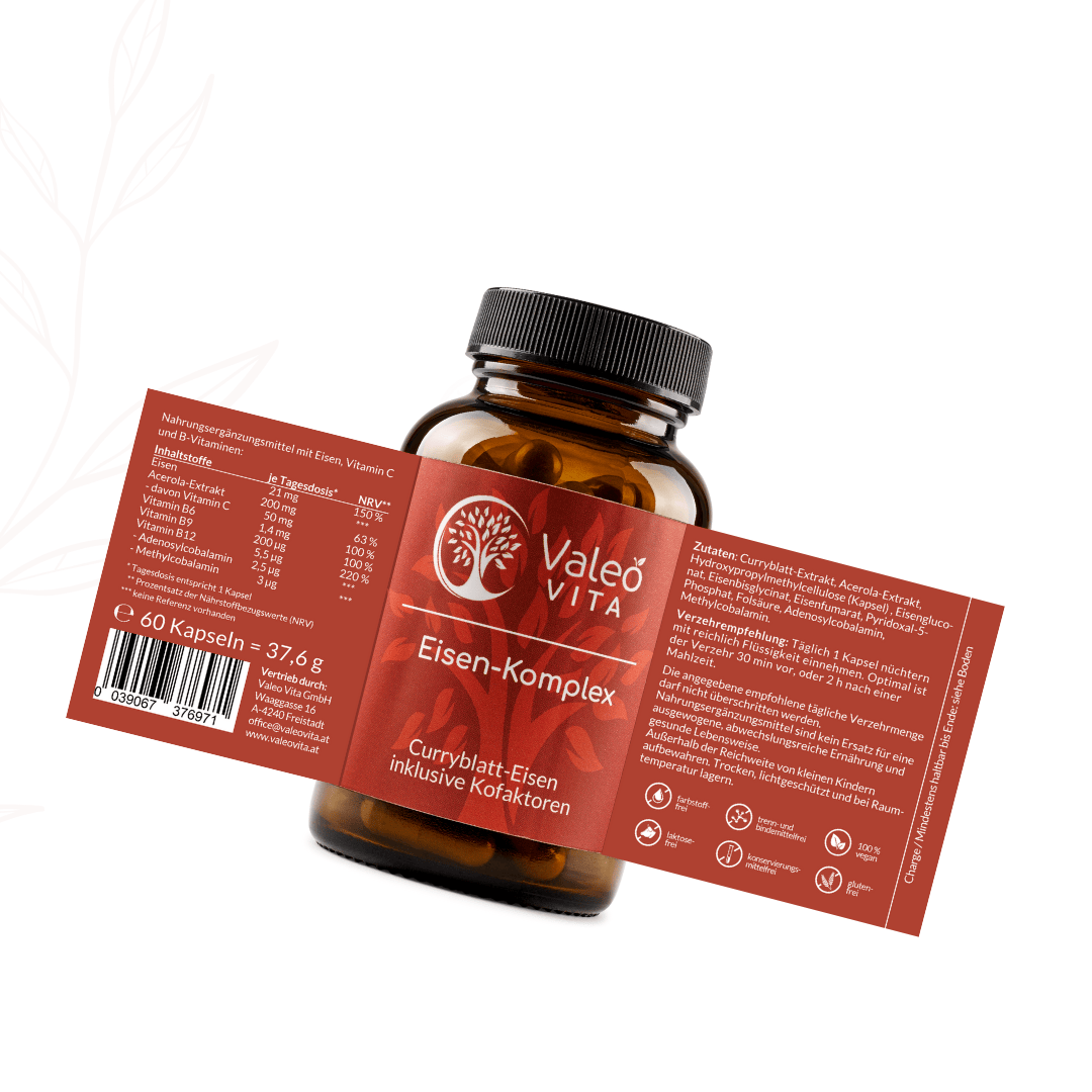 Etikett und Nährwertangaben des Valeo Vita Eisen-Komplex auf Vorder- und Rückseite