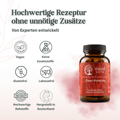Darstellung der Qualitätsmerkmale des Valeo Vita Eisen-Komplex wie vegane Rezeptur und Herstellung in Deutschland
