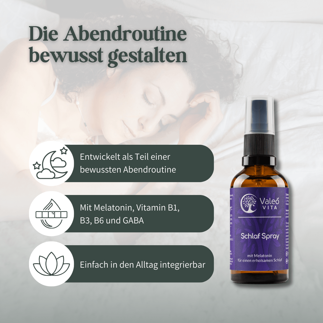 Infografik zum Valeo Vita Schlaf Spray als Teil einer bewussten Abendroutine
