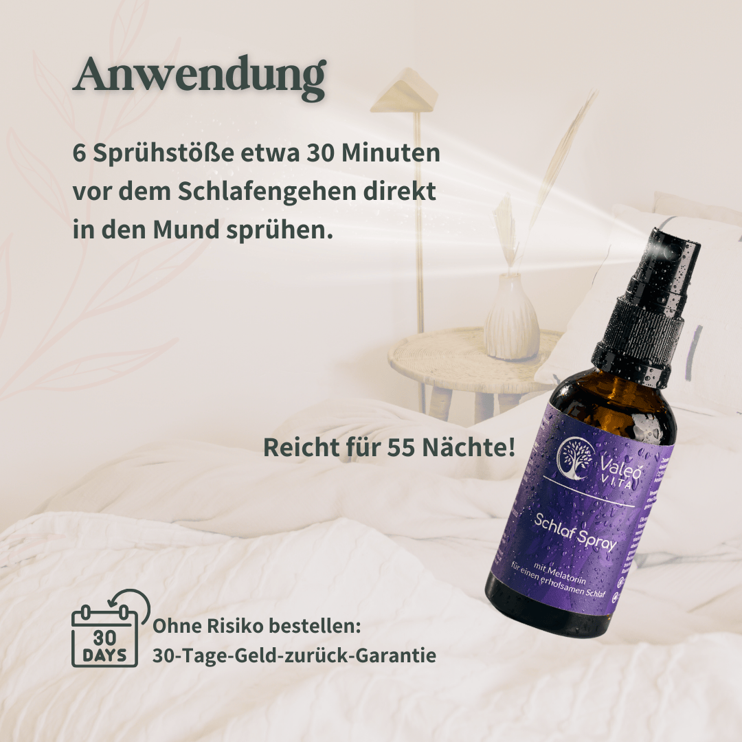 Infografik zur Anwendung des Valeo Vita Schlaf Sprays vor dem Schlafengehen