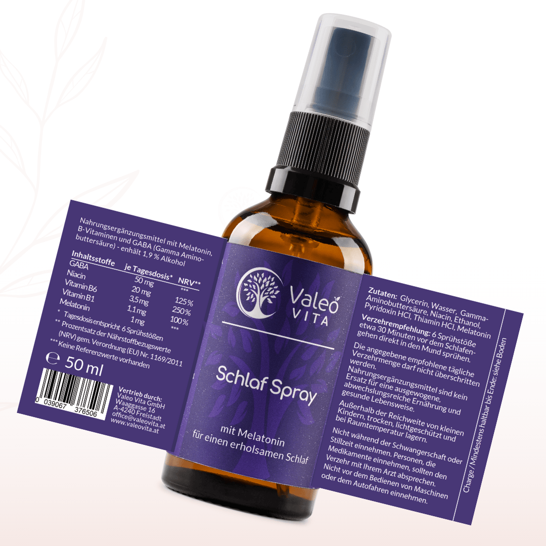 Valeo Vita Schlaf Spray mit sichtbarer Rückseite des Etiketts und Inhaltsangaben