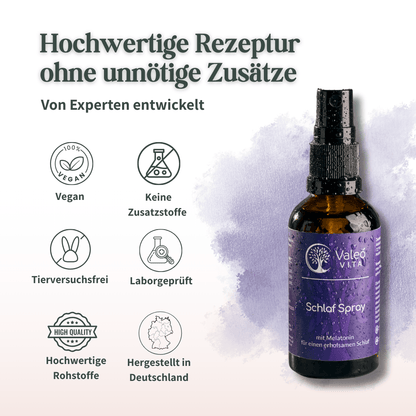 Darstellung der Qualitätsmerkmale des Valeo Vita Schlaf Sprays wie vegan und laborgeprüft