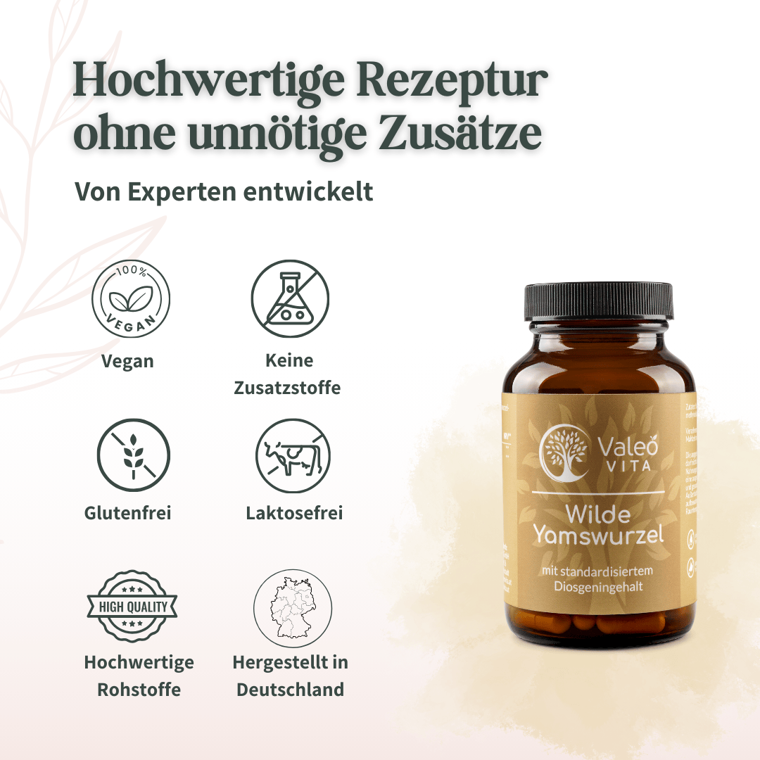 Übersicht zu Qualitätsmerkmalen der Valeo Vita Wilden Yamswurzel wie vegan, ohne Zusatzstoffe und hergestellt in Deutschland