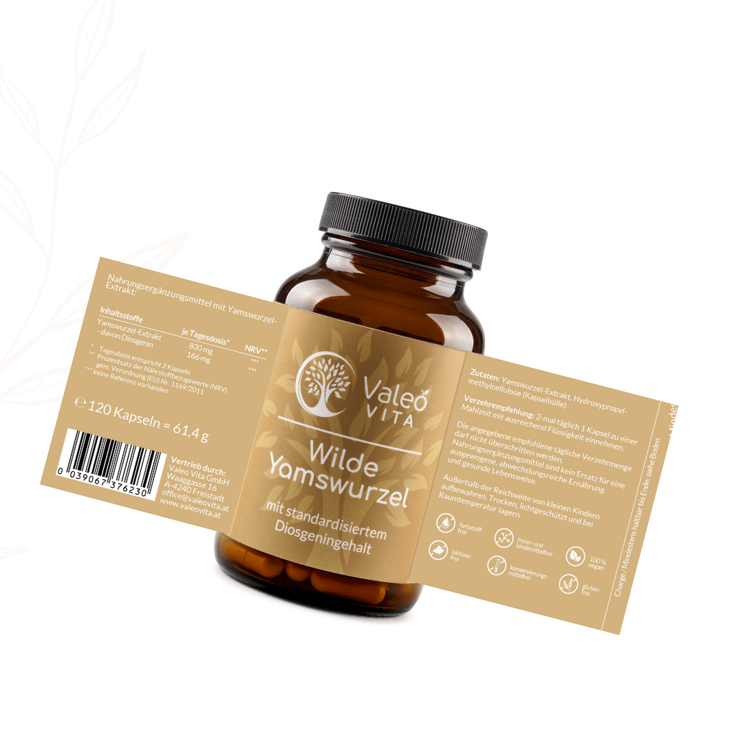 Detailansicht der Verpackung und des Etiketts der Valeo Vita Wilden Yamswurzel Kapseln