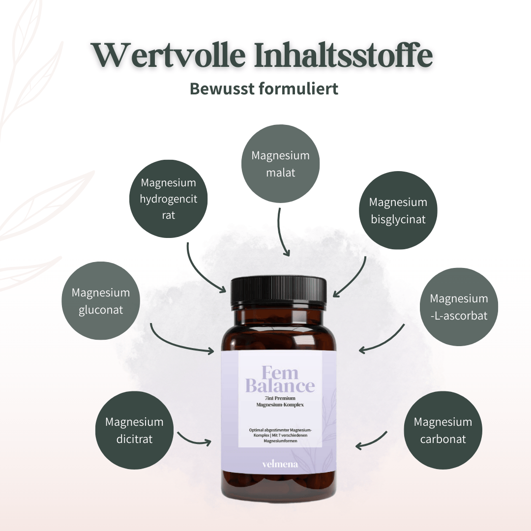 Velmena FemBalance Magnesium-Komplex mit sieben abgestimmten Magnesiumformen wie Citrat, Malat und Bisglycinat