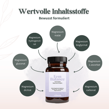 Velmena FemBalance Magnesium-Komplex mit sieben abgestimmten Magnesiumformen wie Citrat, Malat und Bisglycinat
