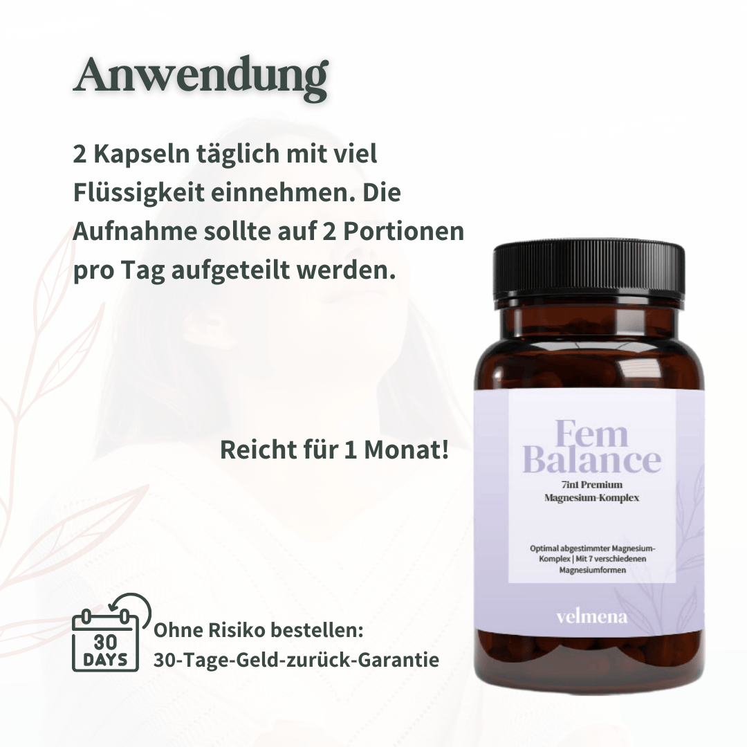 Anwendung Velmena FemBalance, 2 Kapseln täglich in zwei Portionen aufgeteilt, ausreichend für 30 Tage