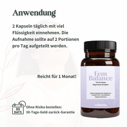 Anwendung Velmena FemBalance, 2 Kapseln täglich in zwei Portionen aufgeteilt, ausreichend für 30 Tage