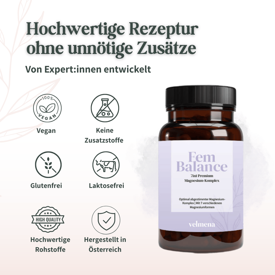 Velmena FemBalance Magnesium-Komplex, vegan, glutenfrei, laktosefrei und ohne unnötige Zusatzstoffe, hergestellt in Österreich