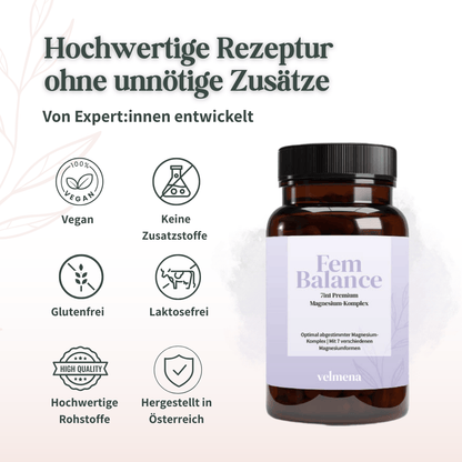 Velmena FemBalance Magnesium-Komplex, vegan, glutenfrei, laktosefrei und ohne unnötige Zusatzstoffe, hergestellt in Österreich