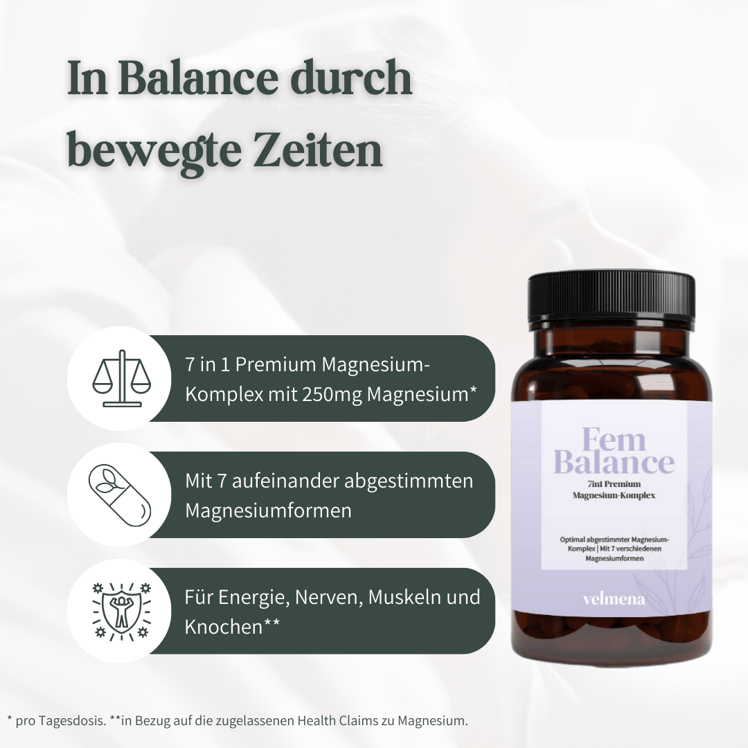 Velmena FemBalance Magnesium-Komplex mit 7 Magnesiumformen und 250 mg Magnesium pro Tagesdosis, für Energie, Nerven, Muskeln und Knochen