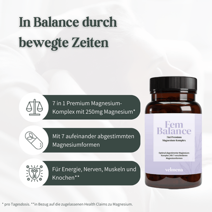Velmena FemBalance Magnesium-Komplex mit 7 Magnesiumformen und 250 mg Magnesium pro Tagesdosis, für Energie, Nerven, Muskeln und Knochen
