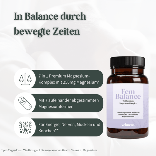 Velmena FemBalance Magnesium-Komplex mit 7 Magnesiumformen und 250 mg Magnesium pro Tagesdosis, für Energie, Nerven, Muskeln und Knochen