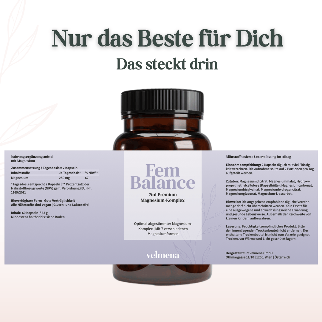 Detailansicht des Etiketts von Velmena FemBalance Magnesium-Komplex mit Nährwert- und Zutatenangaben