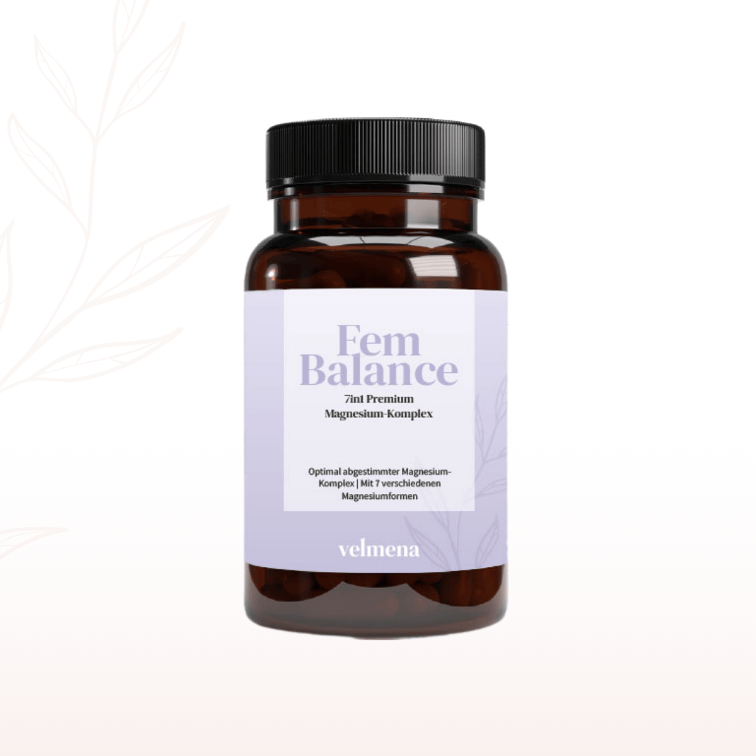 Velmena FemBalance Premium Magnesium-Komplex in brauner Glasflasche mit 7 abgestimmten Magnesiumformen