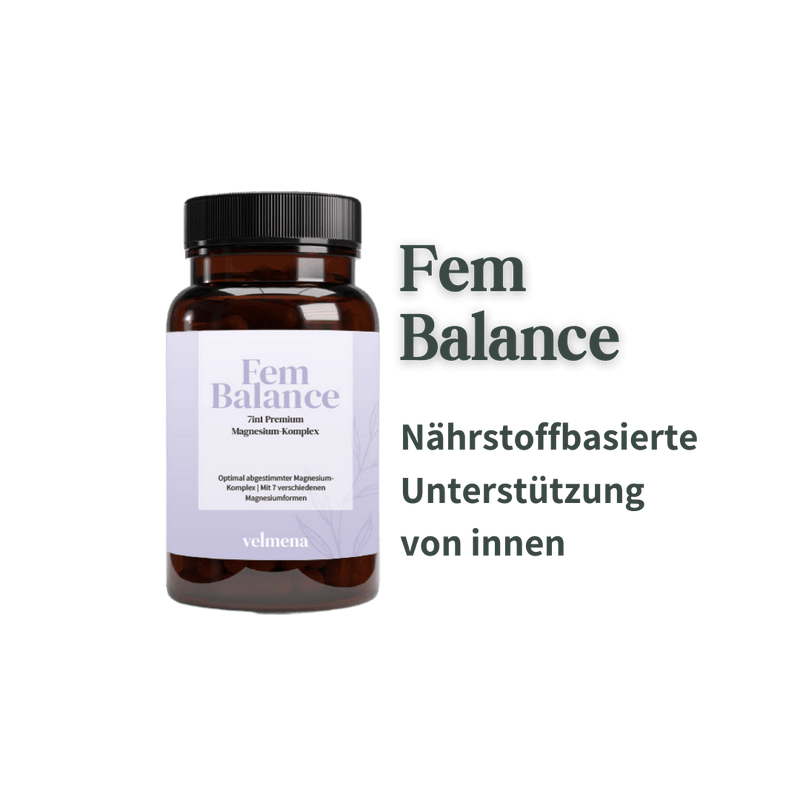 Velmena Fembalance Premium Magnesium-Komplex in brauner Glasflasche mit dem Hinweis auf nährstoffbasierte Unterstützung von innen