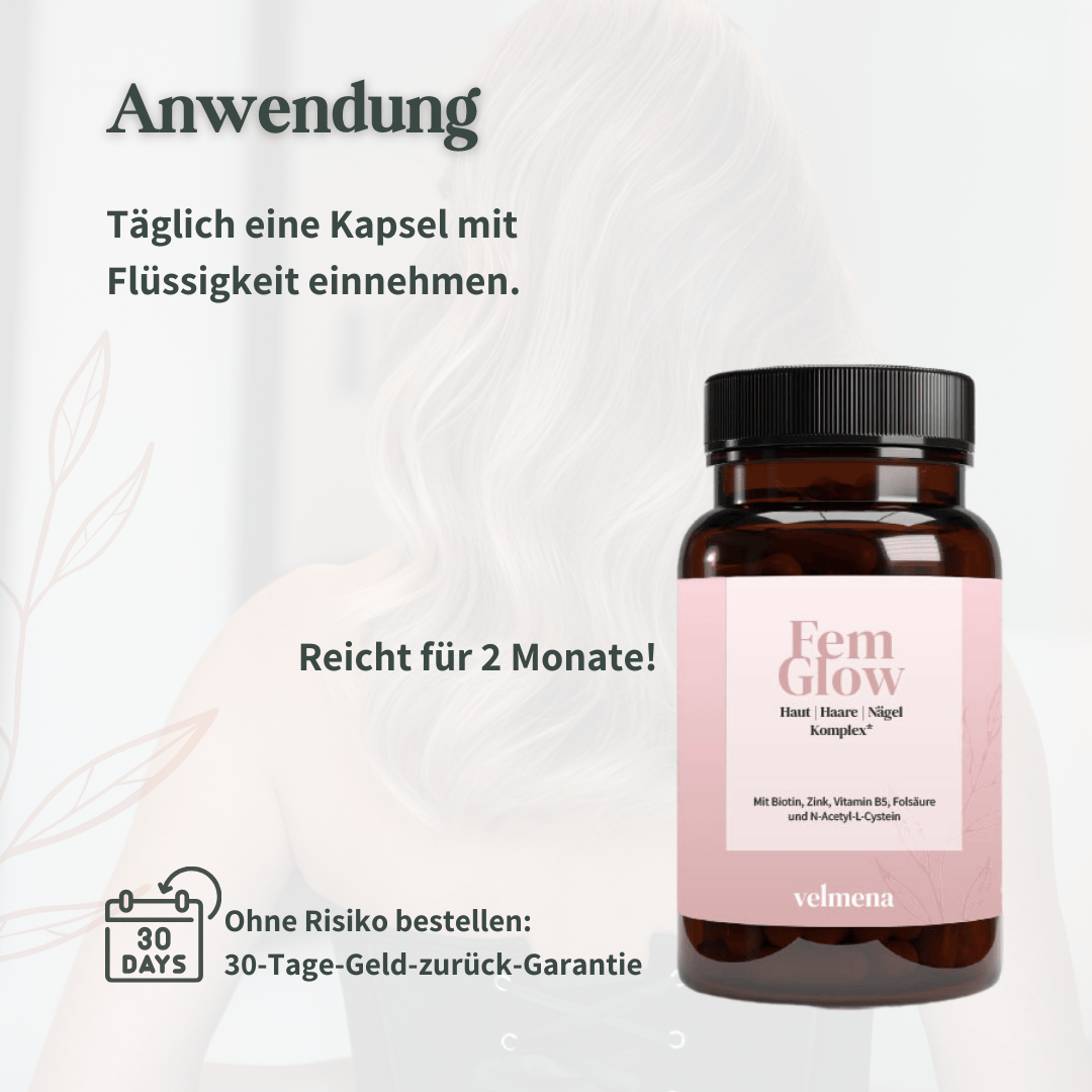 Anwendung von Velmena FemGlow täglich eine Kapsel mit Flüssigkeit einnehmen mit 30 Tage Geld zurück Garantie