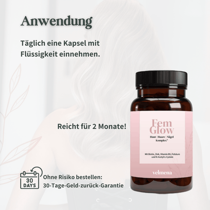 Anwendung von Velmena FemGlow täglich eine Kapsel mit Flüssigkeit einnehmen mit 30 Tage Geld zurück Garantie