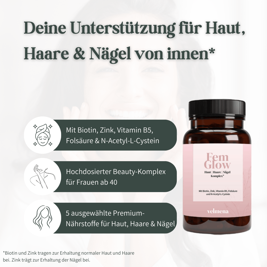 Velmena FemGlow Beauty Komplex mit Biotin Zink Vitamin B5 Folsäure und N-Acetyl-L-Cystein zur Unterstützung von Haut Haaren und Nägeln