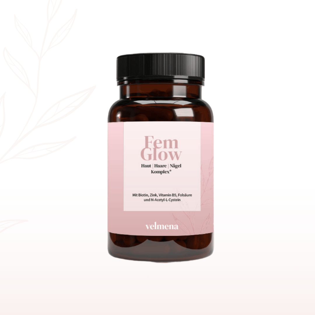 Velmena FemGlow Haut Haare Nägel Komplex in brauner Glasflasche mit rosa Etikett