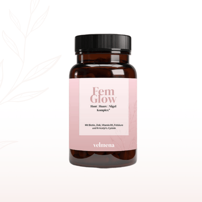 Velmena FemGlow Haut Haare Nägel Komplex in brauner Glasflasche mit rosa Etikett