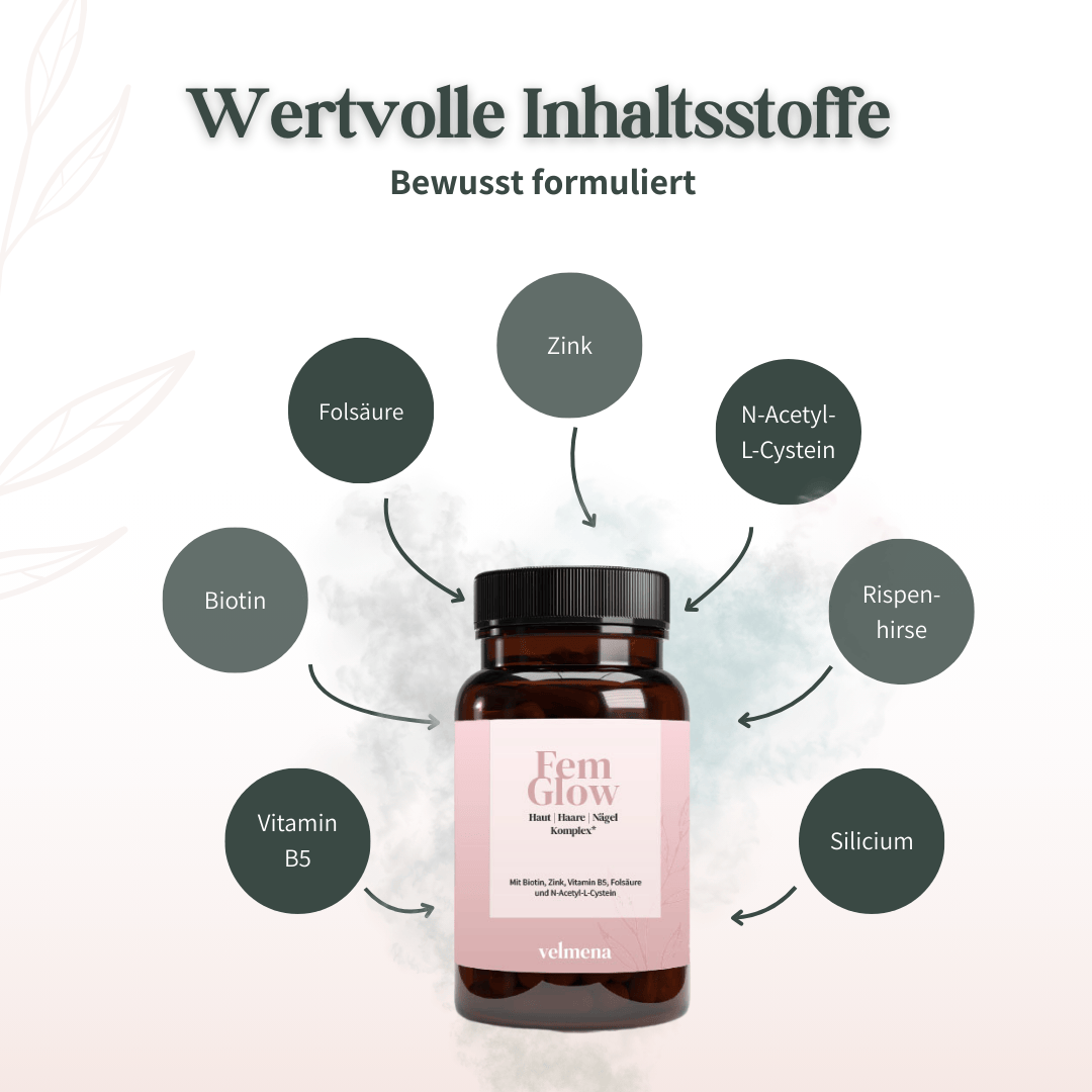 Übersicht der Inhaltsstoffe von Velmena FemGlow mit Biotin Zink Vitamin B5 Folsäure N-Acetyl-L-Cystein Silicium und Rispenhirse