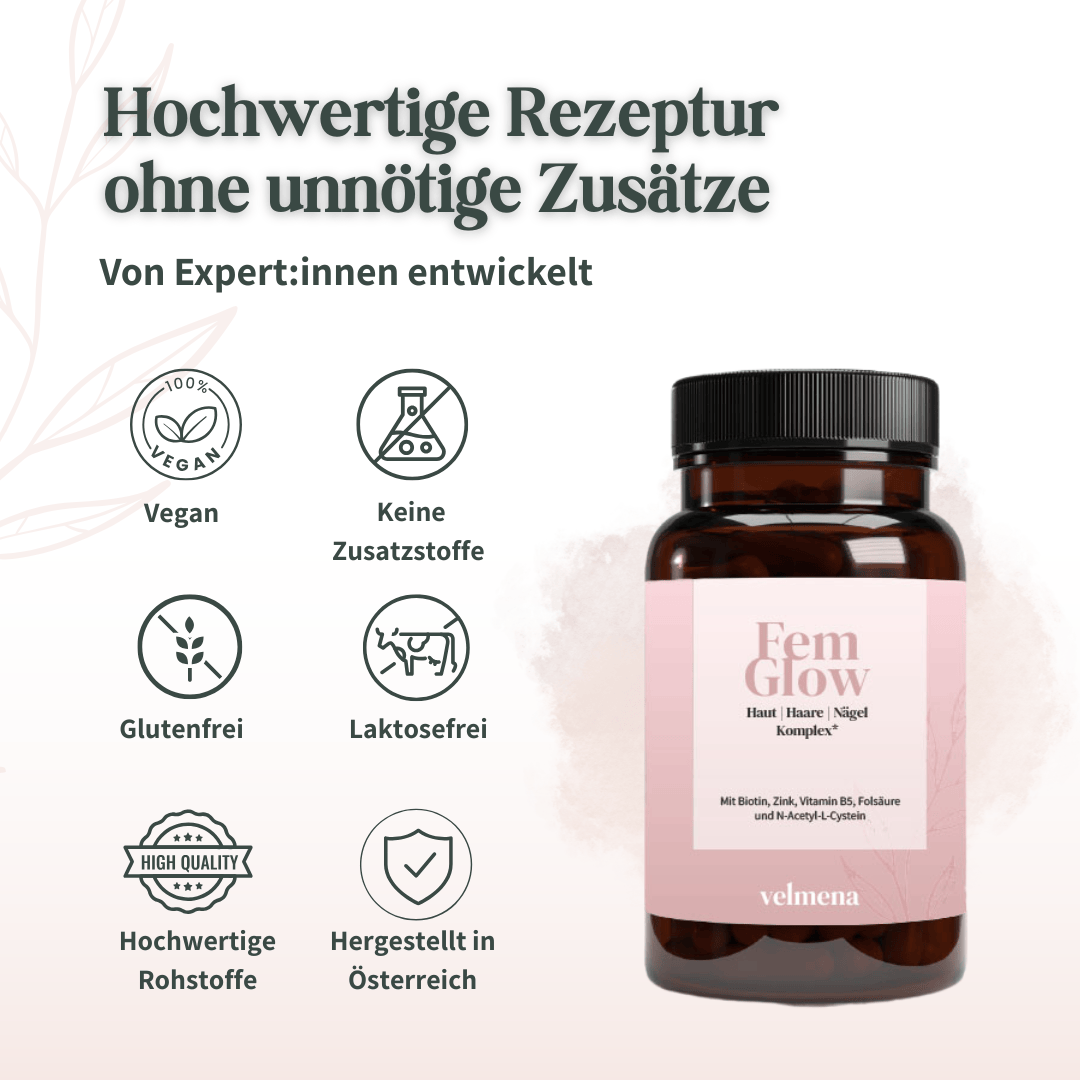 Velmena FemGlow vegan glutenfrei ohne Zusatzstoffe hergestellt in Österreich