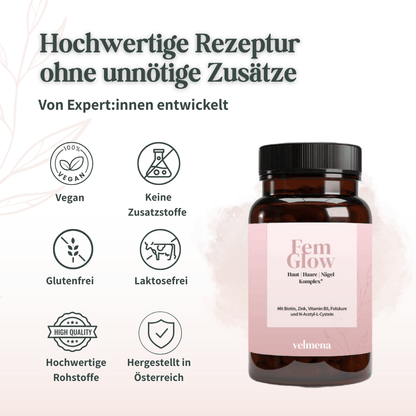 Velmena FemGlow vegan glutenfrei ohne Zusatzstoffe hergestellt in Österreich