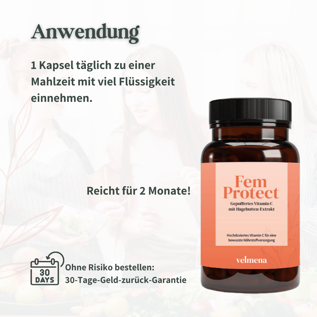 Velmena FemProtect Anwendungsempfehlung: 1 Kapsel täglich mit Flüssigkeit, reicht für 2 Monate, mit 30 Tage Geld zurück Garantie