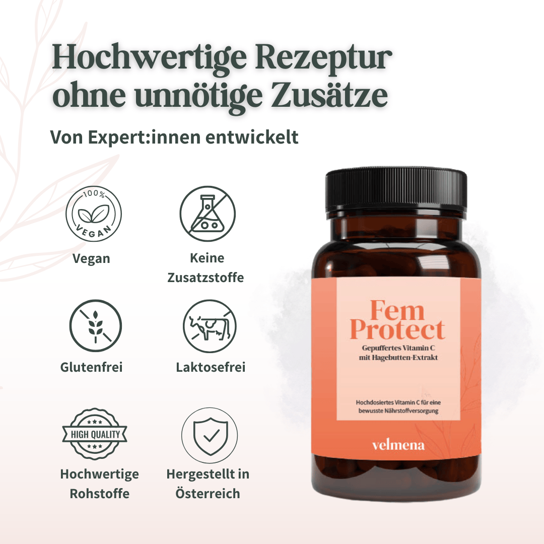 Velmena FemProtect Vitamin C, vegane Rezeptur ohne Zusatzstoffe, glutenfrei, laktosefrei, hergestellt in Österreich