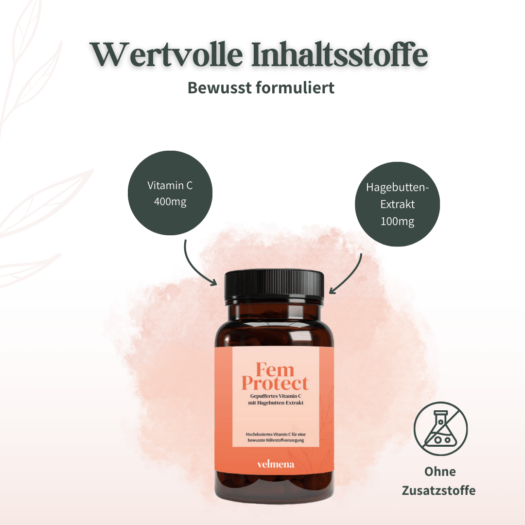 Velmena FemProtect mit 400 mg Vitamin C und 100 mg Hagebutten-Extrakt, bewusst formuliert ohne Zusatzstoffe