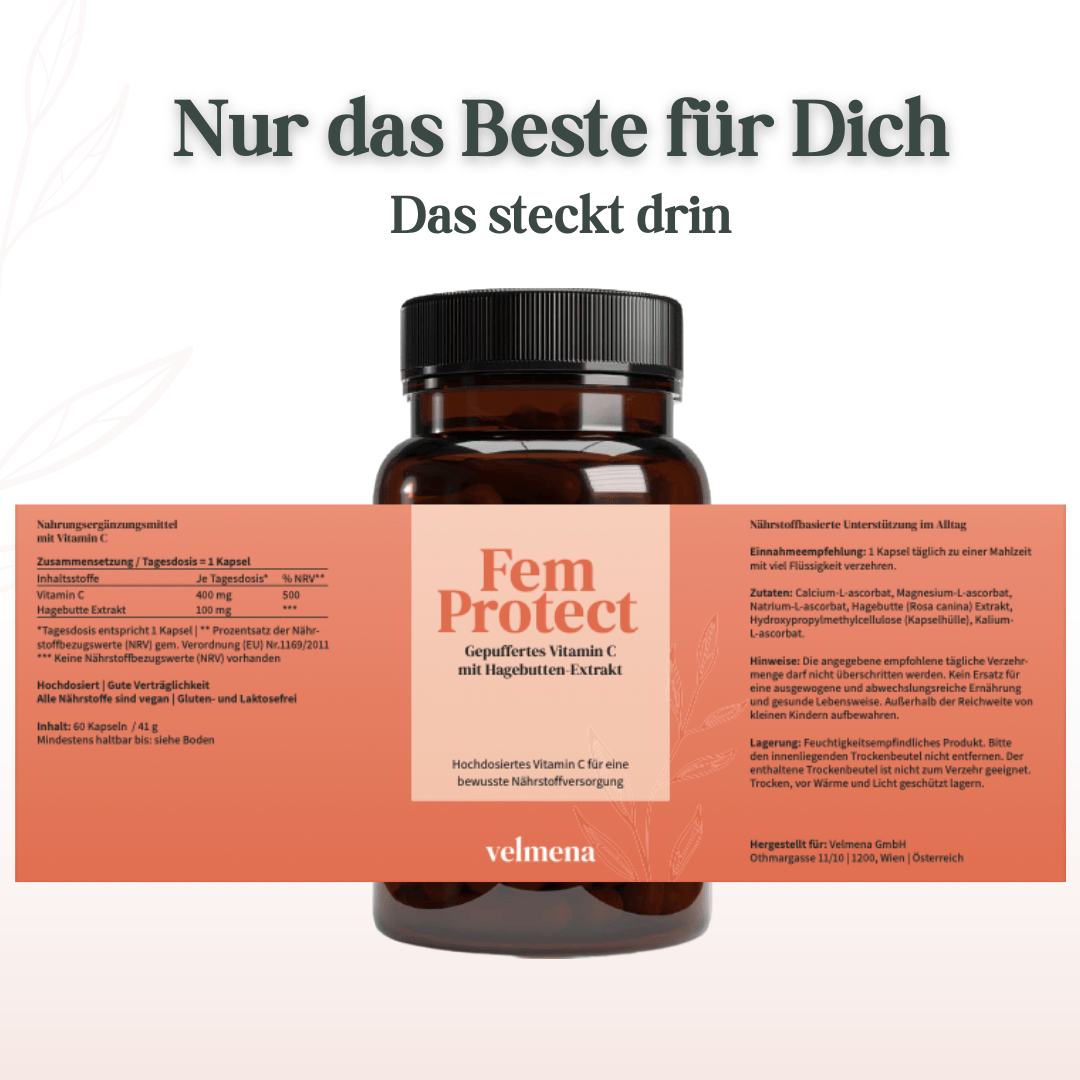Velmena FemProtect gepuffertes Vitamin C mit Hagebutten-Extrakt, Nährwertangaben und Zutatenliste auf dem Etikett